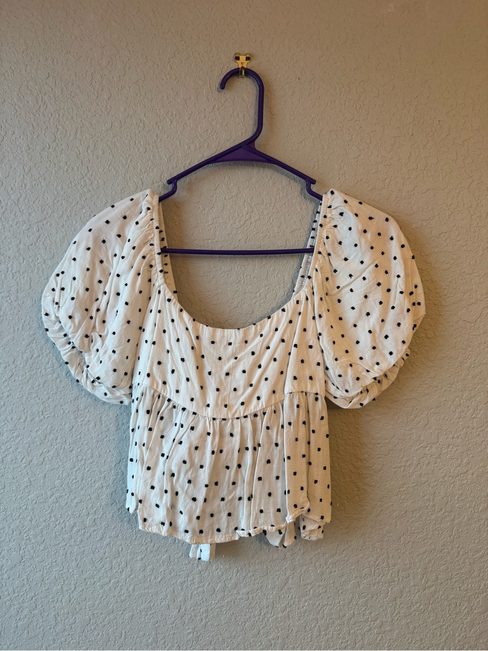 White Polka Dot Puff Sleeve Peplum Blouse